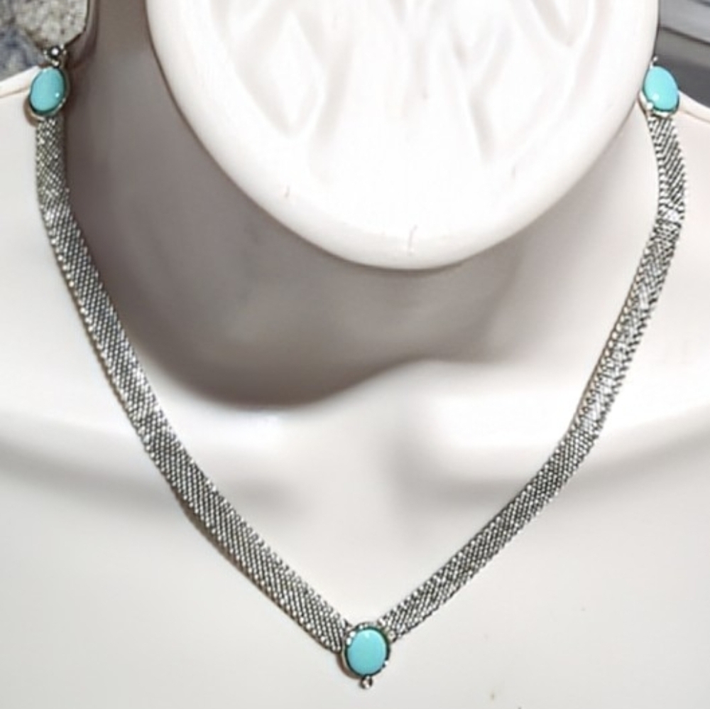 Vintage Park Lane Silver Tone Mesh Choker Necklace & Turquoise Pendant - Picture 4 of 8